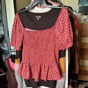 SHEIN White and Red Smocked Peplum Blouse Short Sleeve